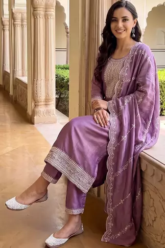 women ethnic motifs embroidered regular thread work kurta with trousers & with dupatta