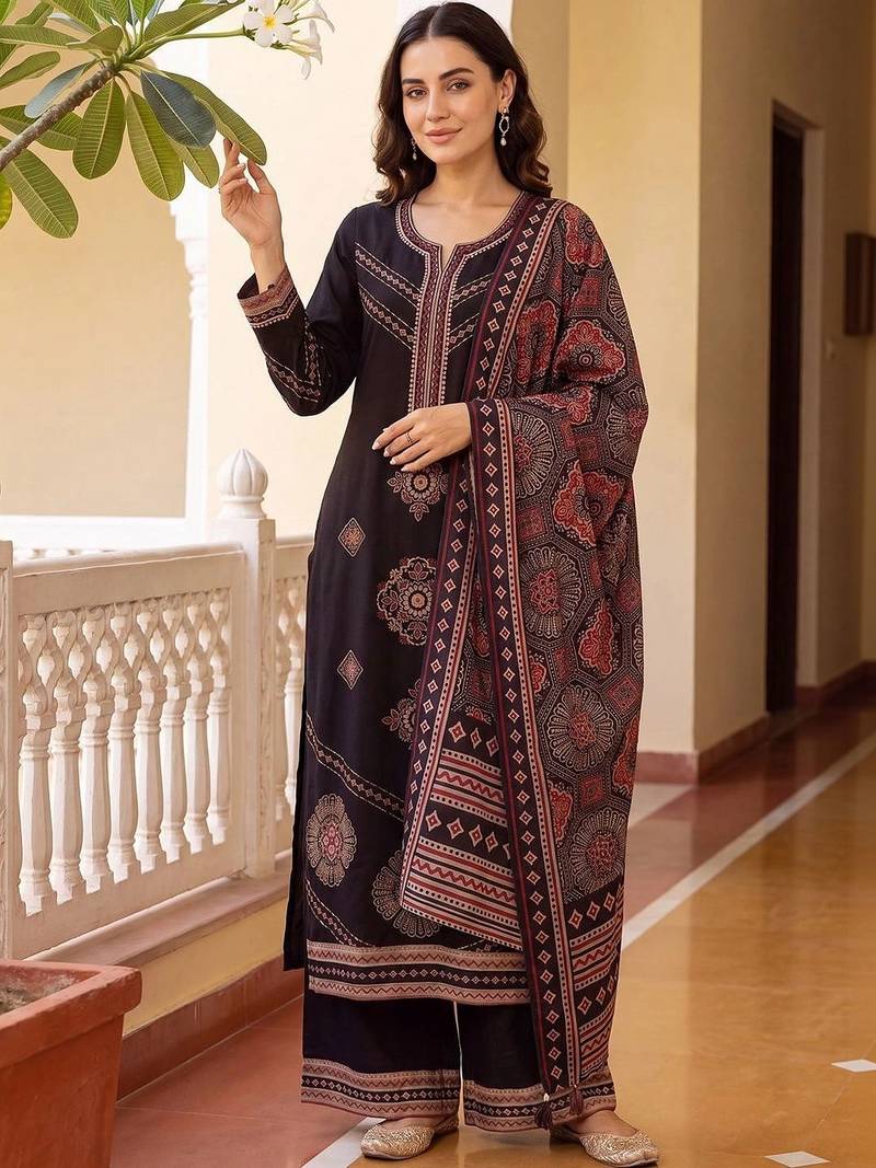 women ethnic motifs printed regular kurta with palazzos & with dupatta