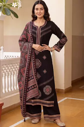 women ethnic motifs printed regular kurta with palazzos & with dupatta