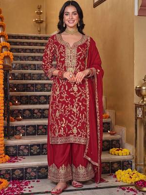 women ethnic motifs embroidered regular kurta with palazzos & with dupatta 1
