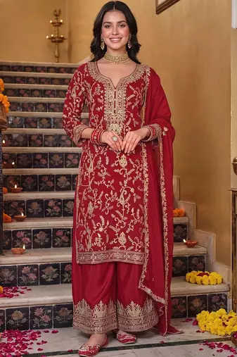 women ethnic motifs embroidered regular kurta with palazzos & with dupatta
