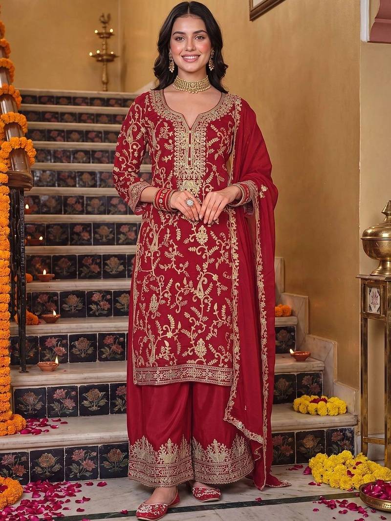 women ethnic motifs embroidered regular kurta with palazzos & with dupatta