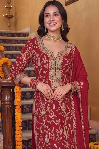 women ethnic motifs embroidered regular kurta with palazzos & with dupatta