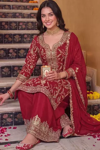 women ethnic motifs embroidered regular kurta with palazzos & with dupatta