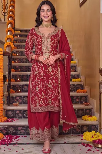 women ethnic motifs embroidered regular kurta with palazzos & with dupatta