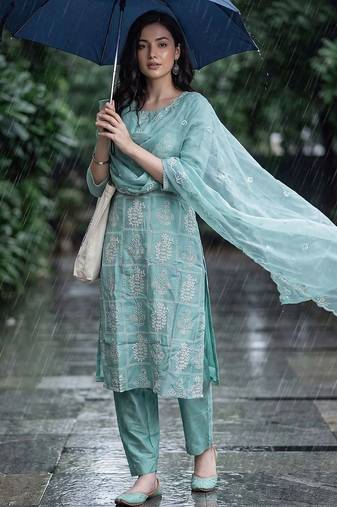 women ethnic motifs embroidered regular thread work kurta with trousers & with dupatta