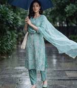 women ethnic motifs embroidered regular thread work kurta with trousers & with dupatta