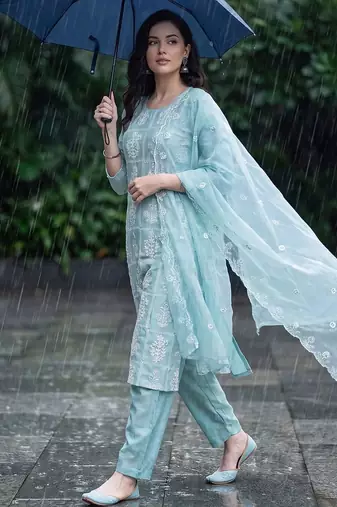 women ethnic motifs embroidered regular thread work kurta with trousers & with dupatta