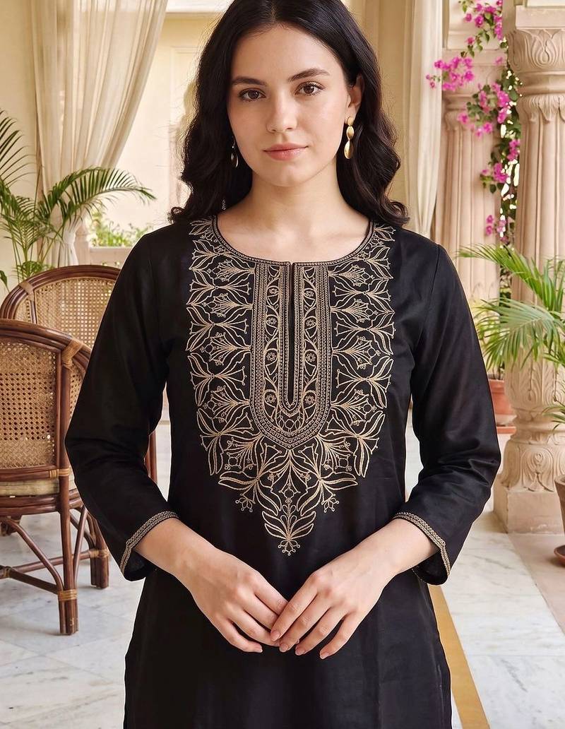 women ethnic motifs embroidered regular thread work cotton kurta with trousers