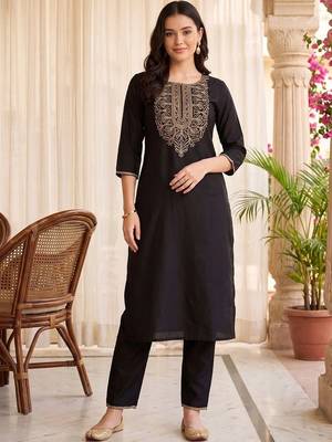 women ethnic motifs embroidered regular thread work cotton kurta with trousers 5