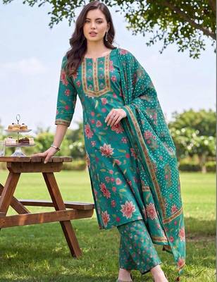 women floral printed regular thread work cotton kurta with trousers & with dupatta 1