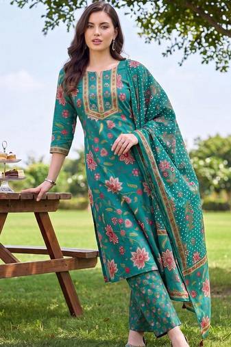 women floral printed regular thread work cotton kurta with trousers & with dupatta