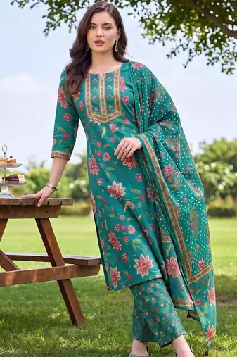 women floral printed regular thread work cotton kurta with trousers & with dupatta