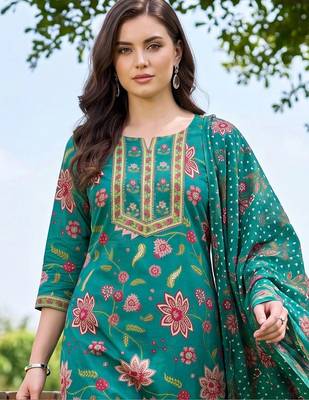 women floral printed regular thread work cotton kurta with trousers & with dupatta 2