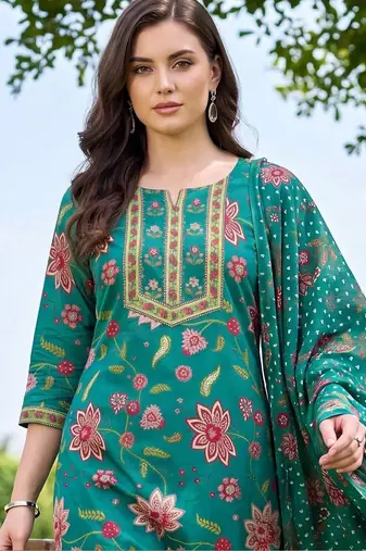 women floral printed regular thread work cotton kurta with trousers & with dupatta