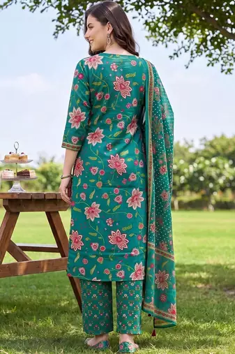 women floral printed regular thread work cotton kurta with trousers & with dupatta