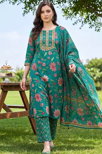 women floral printed regular thread work cotton kurta with trousers & with dupatta