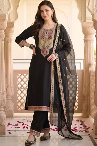 women ethnic motifs embroidered regular thread work kurta with trousers & with dupatta
