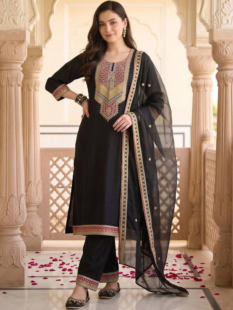 women ethnic motifs embroidered regular thread work kurta with trousers & with dupatta