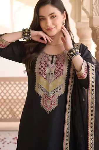 women ethnic motifs embroidered regular thread work kurta with trousers & with dupatta