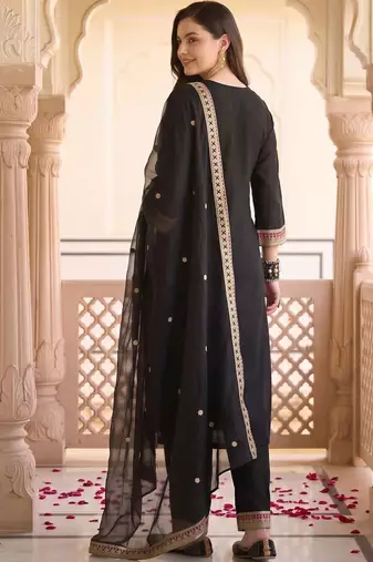 women ethnic motifs embroidered regular thread work kurta with trousers & with dupatta