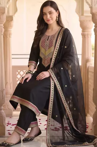women ethnic motifs embroidered regular thread work kurta with trousers & with dupatta