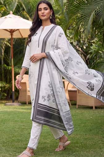 women floral printed regular cotton kurta with palazzos & with dupatta
