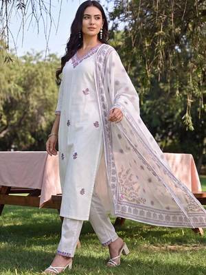 women ethnic motifs embroidered regular thread work cotton kurta with trousers & with dupatta 1