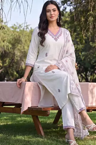 women ethnic motifs embroidered regular thread work cotton kurta with trousers & with dupatta
