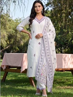 women ethnic motifs embroidered regular thread work cotton kurta with trousers & with dupatta 6