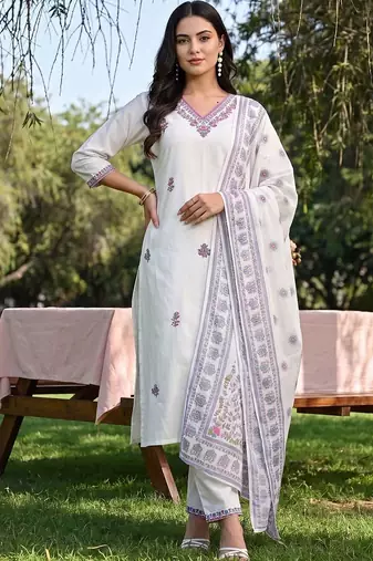 women ethnic motifs embroidered regular thread work cotton kurta with trousers & with dupatta