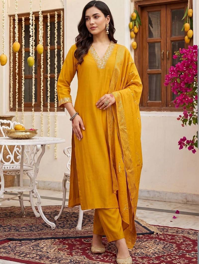women ethnic motifs embroidered regular kurta with trousers & with dupatta