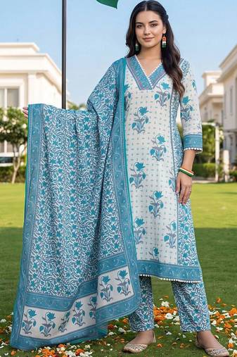 women floral printed regular cotton kurta with trousers & with dupatta