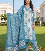 women floral printed regular cotton kurta with trousers & with dupatta