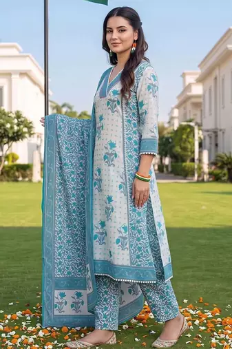 women floral printed regular cotton kurta with trousers & with dupatta