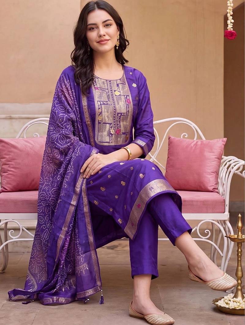 women ethnic motifs regular kurta with trousers & with dupatta