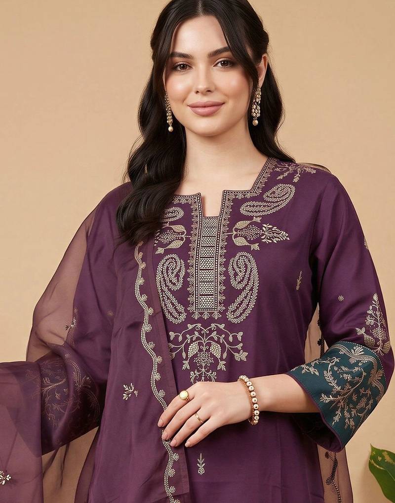 women ethnic motifs embroidered regular thread work kurta with trousers & with dupatta