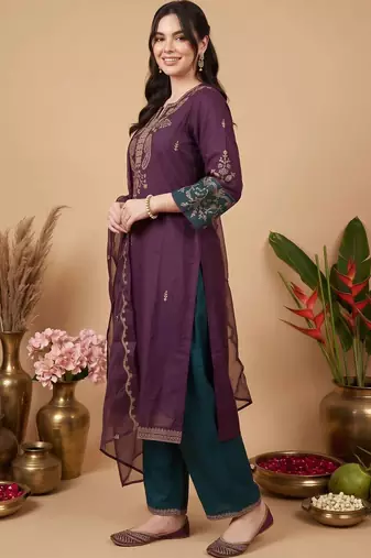 women ethnic motifs embroidered regular thread work kurta with trousers & with dupatta
