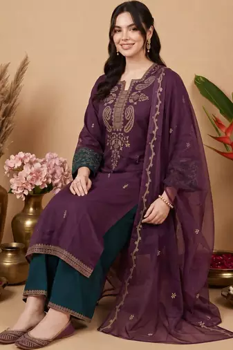 women ethnic motifs embroidered regular thread work kurta with trousers & with dupatta