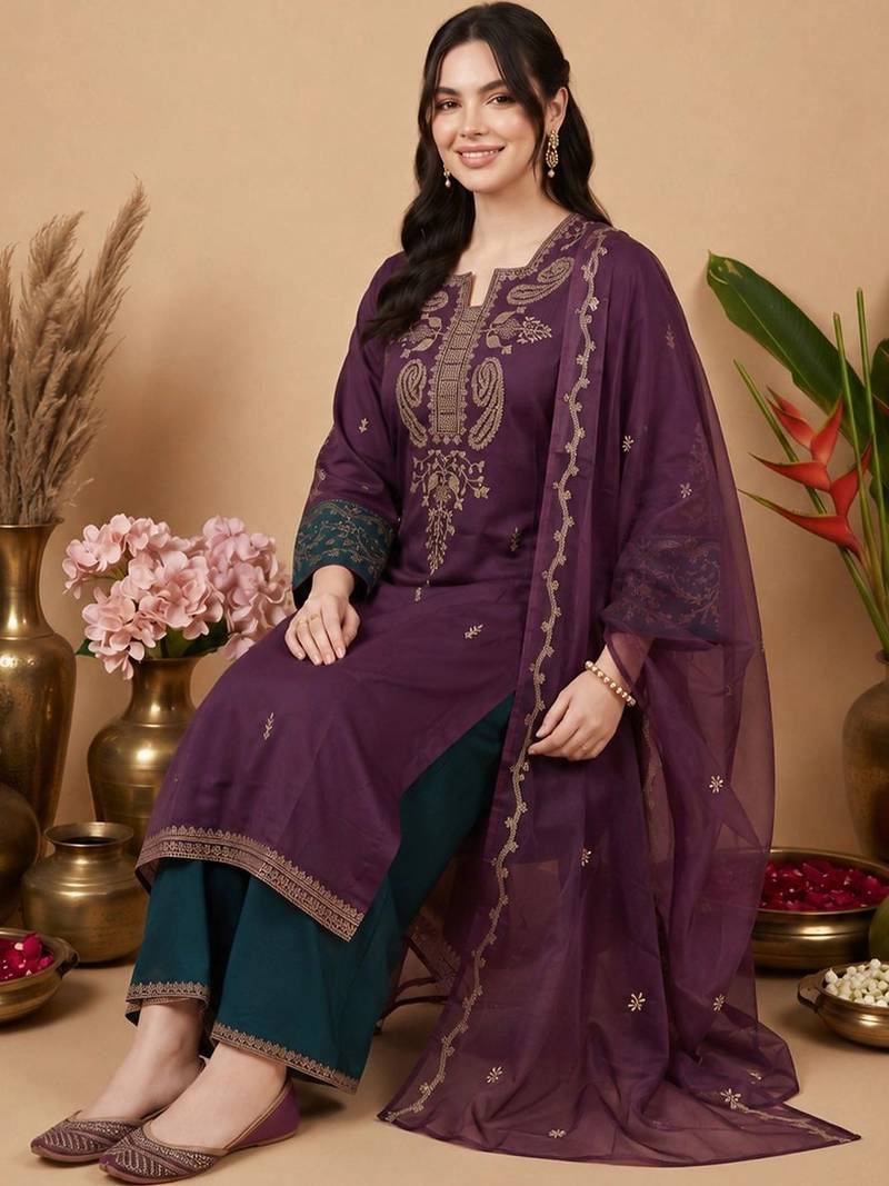 women ethnic motifs embroidered regular thread work kurta with trousers & with dupatta