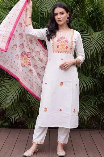 women floral embroidered regular thread work cotton kurta with trousers & with dupatta