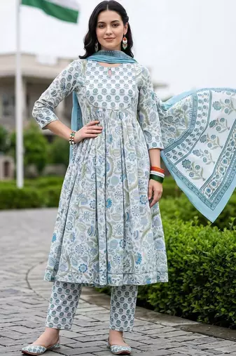 women floral printed empire cotton kurta with trousers & with dupatta