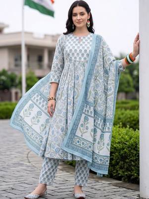 women floral printed empire cotton kurta with trousers & with dupatta 6