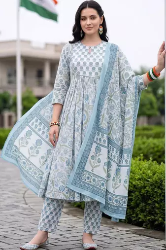 women floral printed empire cotton kurta with trousers & with dupatta