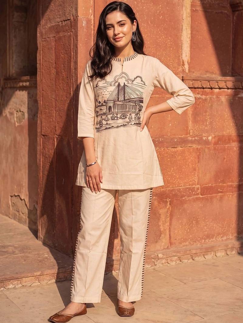 women printed regular kurti with trousers