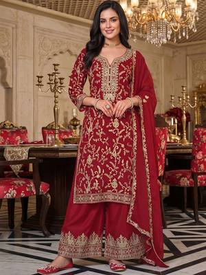 women ethnic motifs embroidered regular kurta with palazzos & with dupatta 1