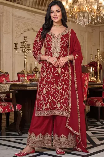 women ethnic motifs embroidered regular kurta with palazzos & with dupatta