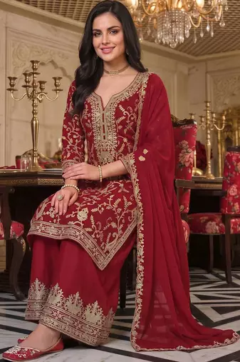 women ethnic motifs embroidered regular kurta with palazzos & with dupatta