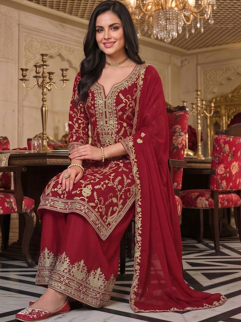 women ethnic motifs embroidered regular kurta with palazzos & with dupatta