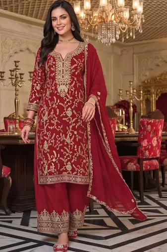 women ethnic motifs embroidered regular kurta with palazzos & with dupatta